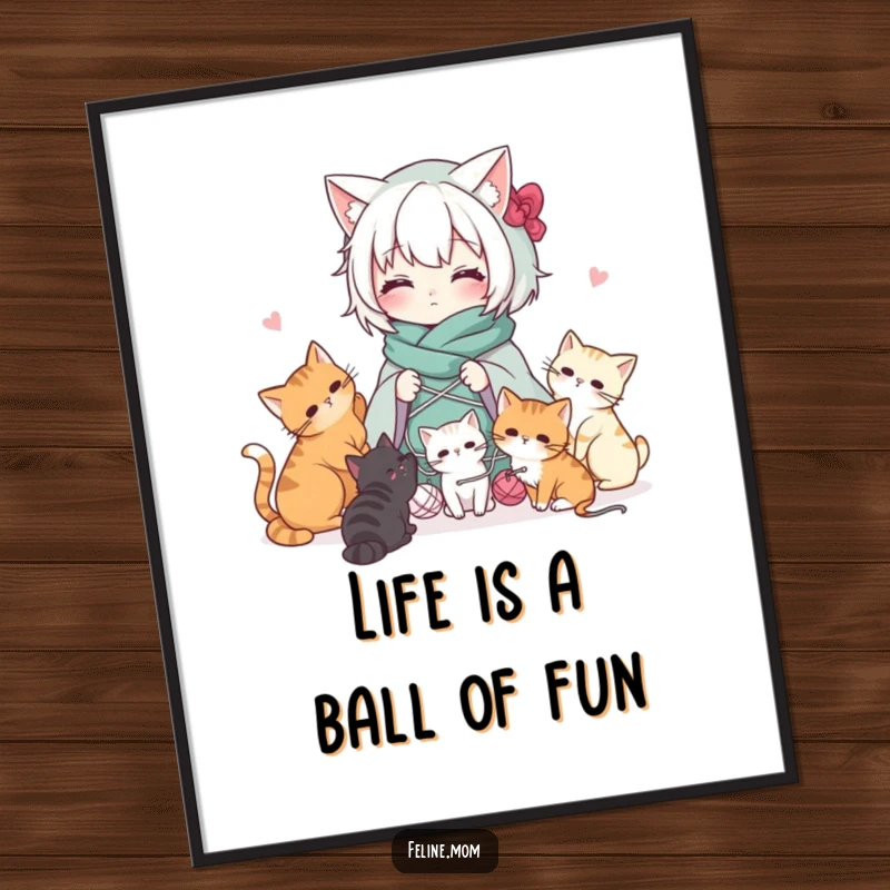 Funny Free Printable Wall Art: Kawaii cat lady entangled in colorful yarn while cats gleefully play around her.