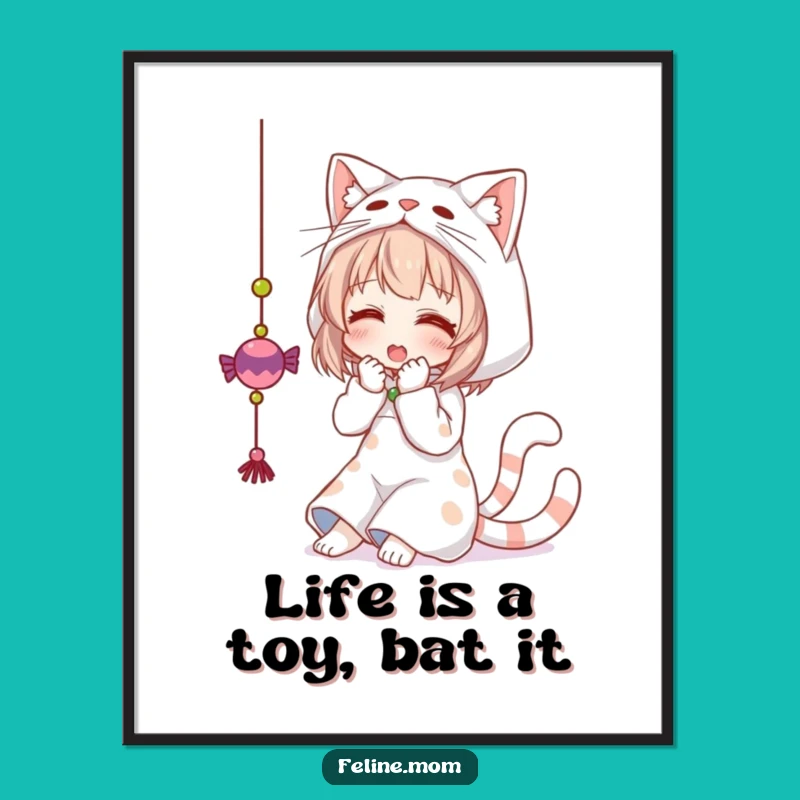 Funny Free Printable Wall Art: Playful Cat Woman Batting Toy Decor Downloadable