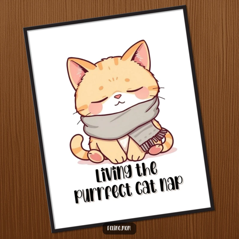 Funny Free Printable Wall Art: Content cat wearing a small scarf, napping peacefully, humorous and relaxing downloadable art.