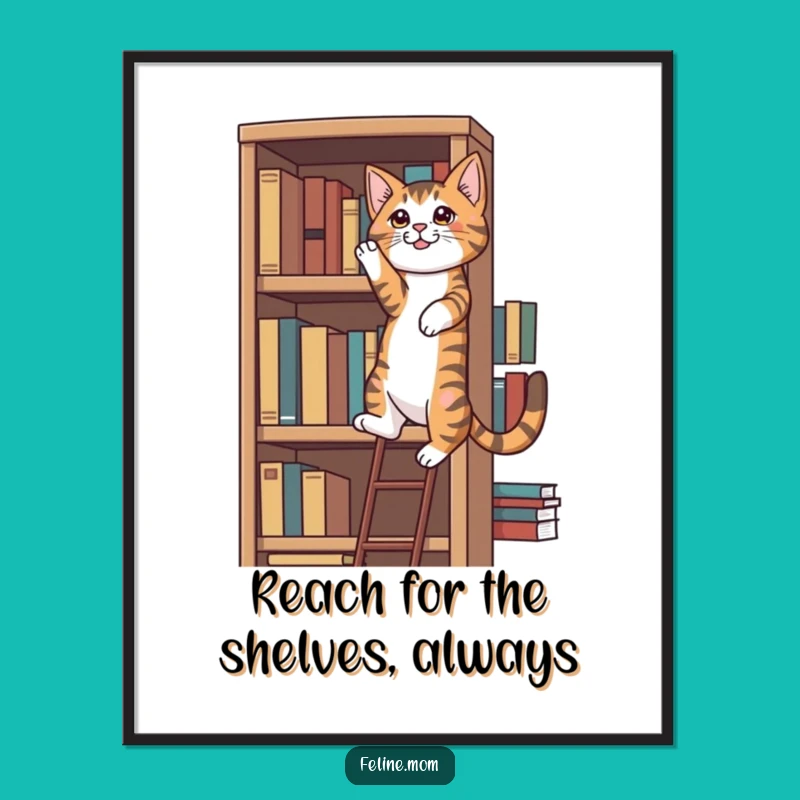 Free Printable Wall Art: Tabby Cat Bookshelf Climb Ambition Downloadable Art