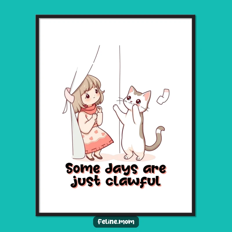 Free Printable Wall Art: Funny Cat Lady & Curtain Cat Scene, Downloadable Decor