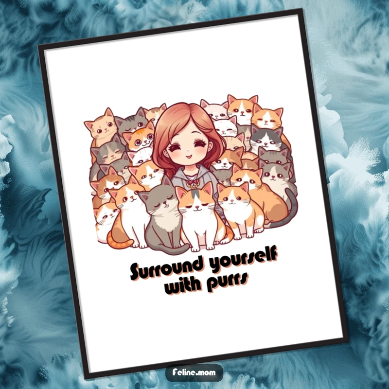 Funny free printable wall art: woman surrounded by a purring mob of cats, looking absolutely adored and content.