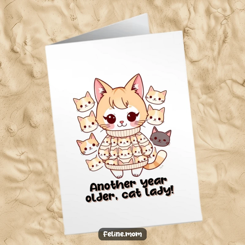Funny Free Printable Birthday Card: Kawaii cat lady in a cat-face sweater, sending purrfect birthday humor.