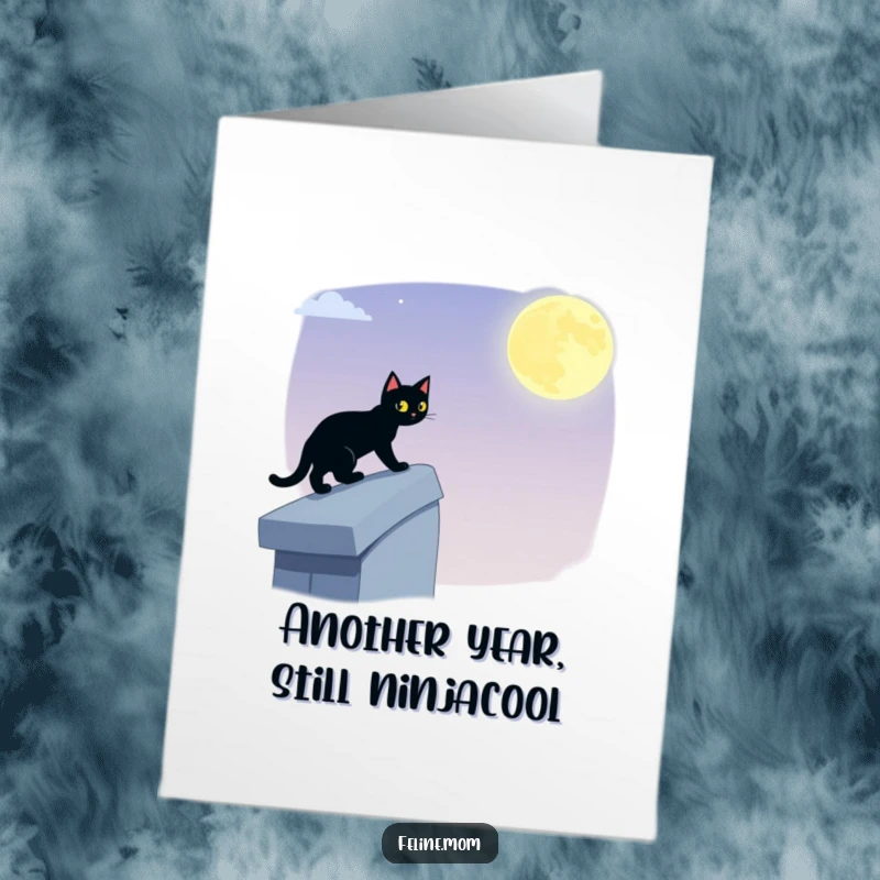 Funny Free Printable Black Cat Birthday Card showing a stealthy cat tiptoeing across a moonlit rooftop, on a secret birthday mission.
