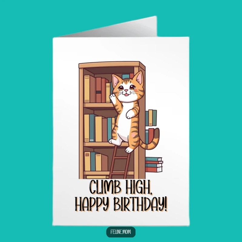 Free Printable Birthday Card: Tabby Cat Bookshelf Climb Downloadable Gift