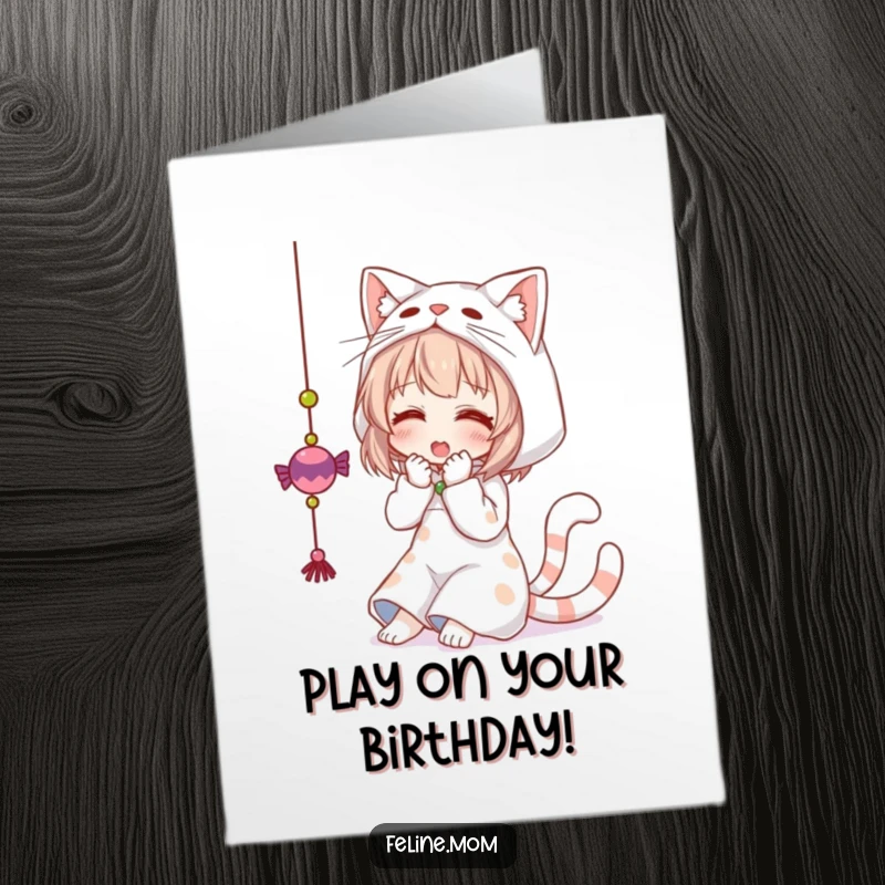 Funny free printable birthday card: woman dressed as a playful cat, gleefully batting at a dangling toy with excitement.