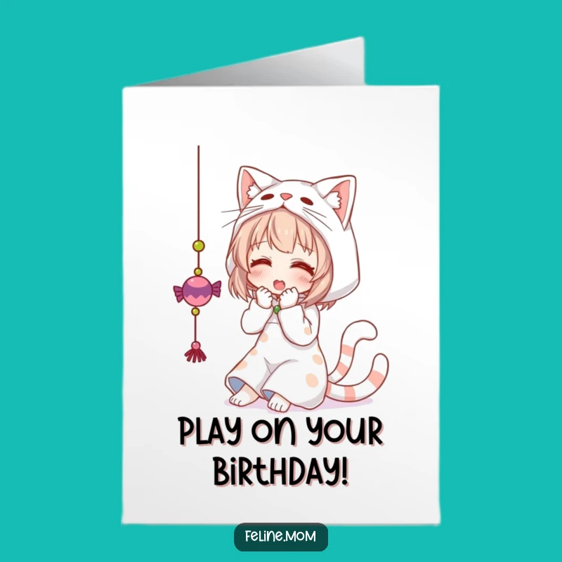 Free Printable Bday Card: Playful Cat Woman Toy Batting Fun Downloadable Gift