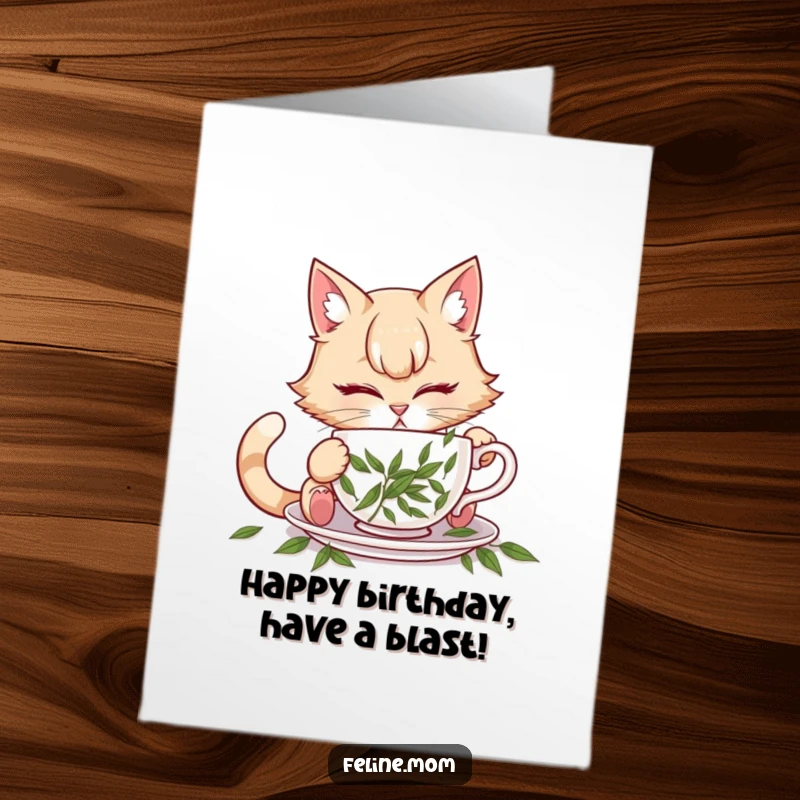 Funny Free Printable Birthday Card: A cat lady comically attempting to drink from a teacup overflowing with catnip.