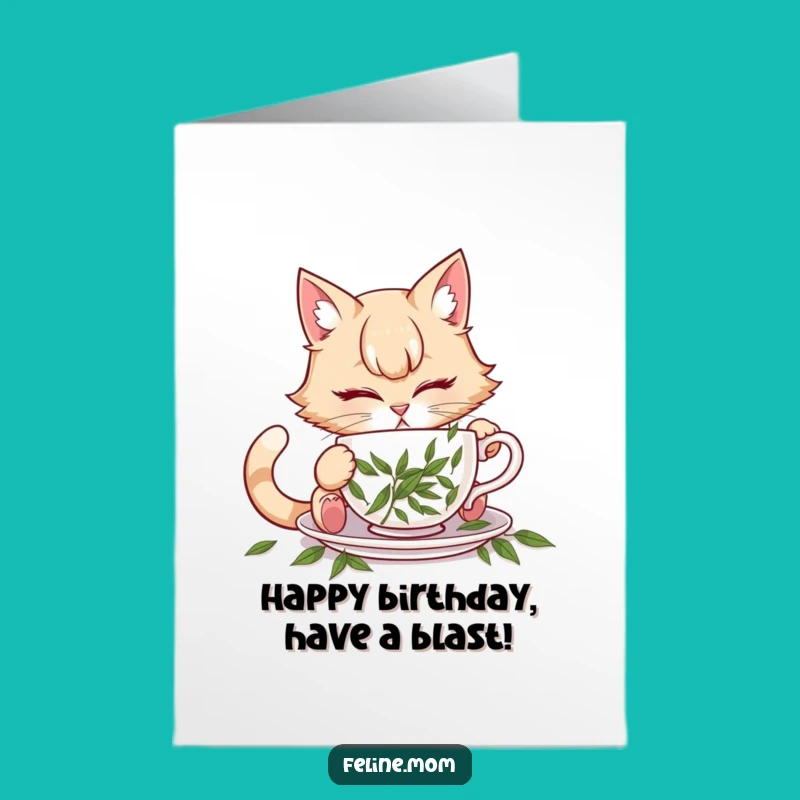 Free Printable Birthday Card: Cat Lady & Catnip Teacup, Funny Downloadable Gift