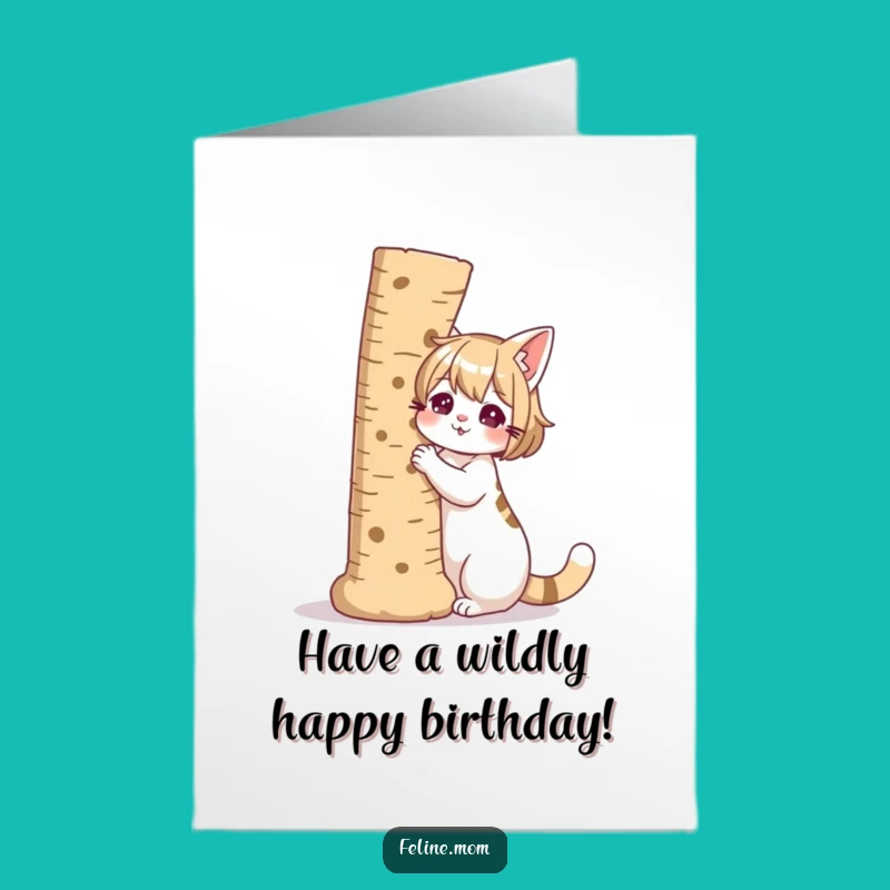 Free Printable Birthday Card: Cat Lady & Giant Scratching Post, Funny Downloadable Gift
