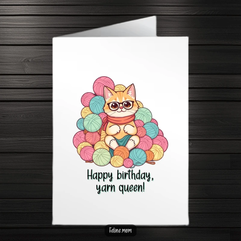 Funny Free Printable Birthday Card: A cat lady buried in a comical, giant mountain of colorful yarn balls.