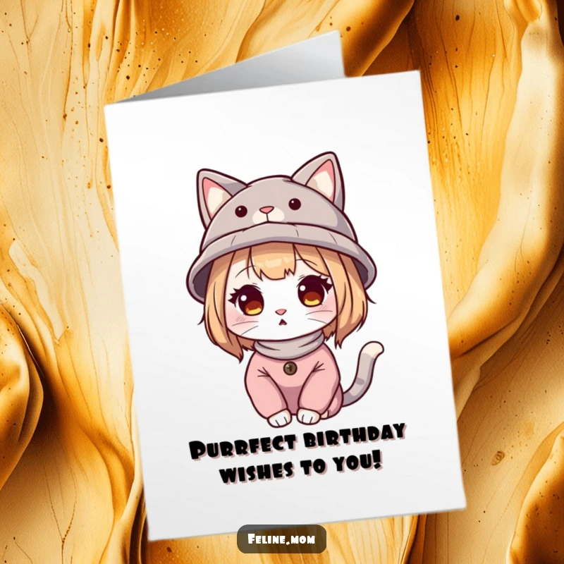 Funny Free Printable Birthday Card: A stylish cat lady wearing a hat adorned with cute cat ears, celebrating a birthday.