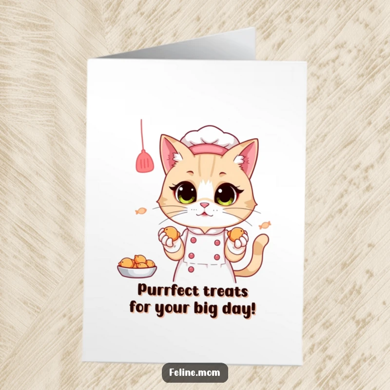 Funny free printable birthday card: Cat lady in chef hat proudly presents tiny fish treats to her feline friends.