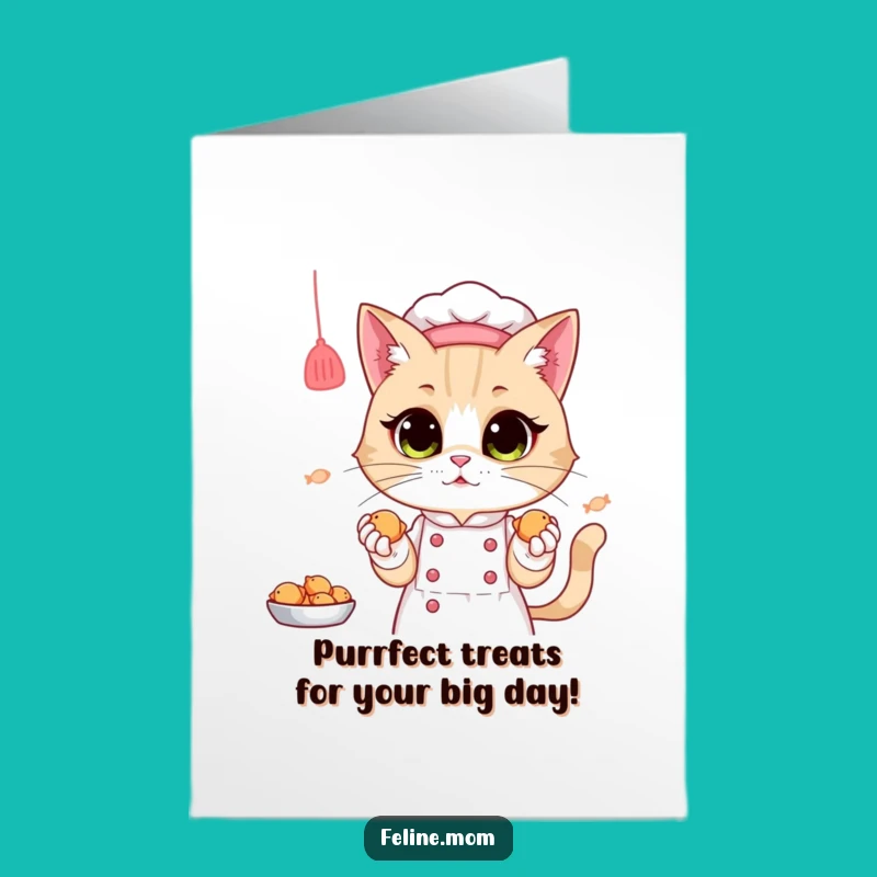 Free Printable Birthday Card: Funny Cat Lady Chef Baking Fish Treats Downloadable Gift