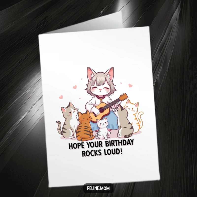 Funny free printable birthday card: Cat lady strums a tiny guitar, serenading a crowd of captivated cats.