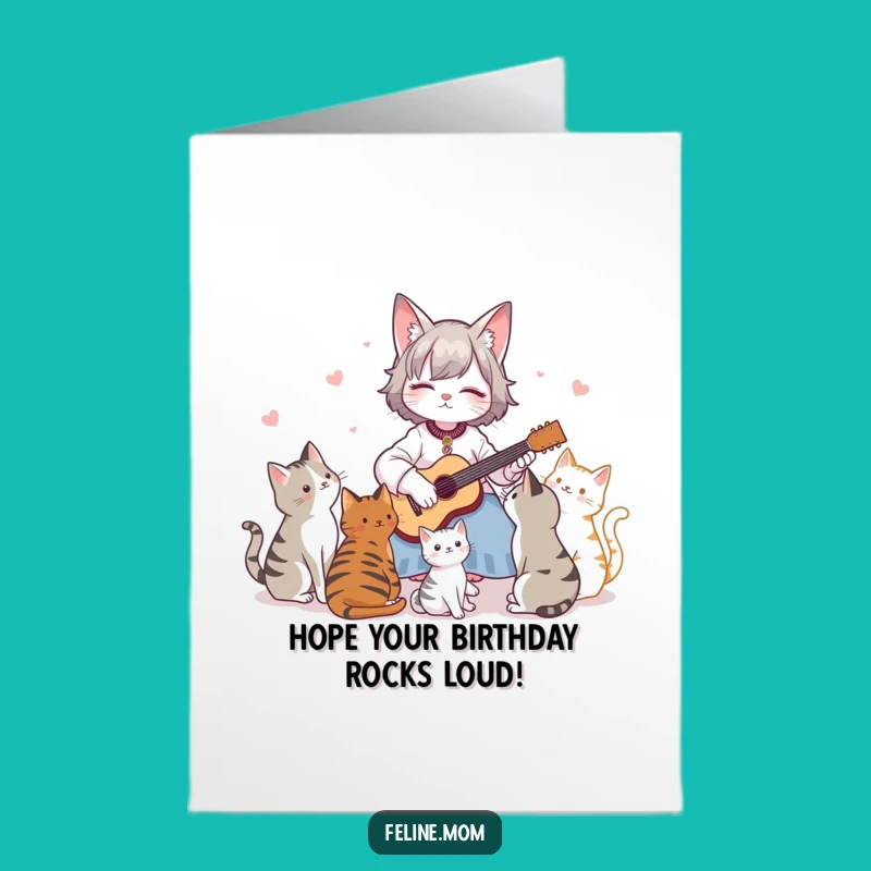 Free Printable Birthday Card: Funny Cat Lady Serenading Cats Guitar Downloadable Gift