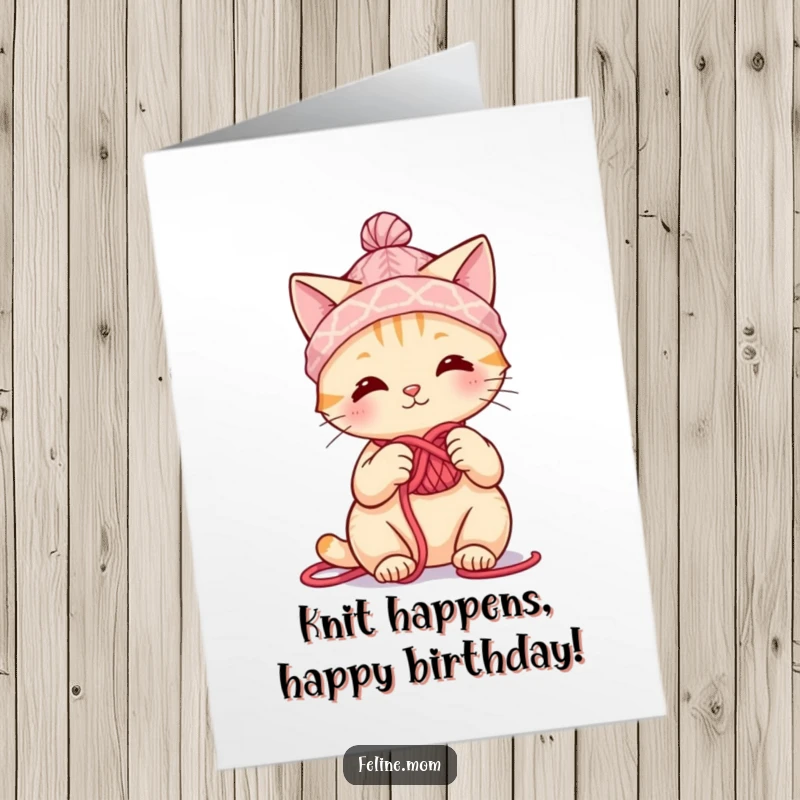 Funny Free Printable Birthday Card: Cute cat character wearing a tiny yarn hat and knitting a birthday surprise.