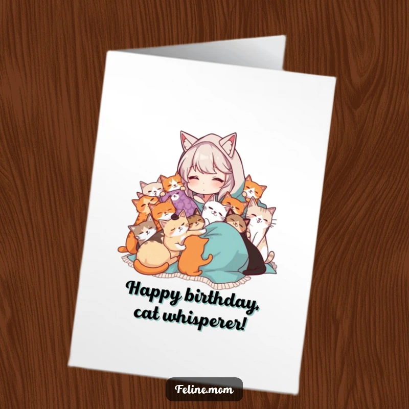 Funny Free Printable Birthday Card: A cat lady is happily draped in a blanket, completely covered and cuddled by many affectionate cats.