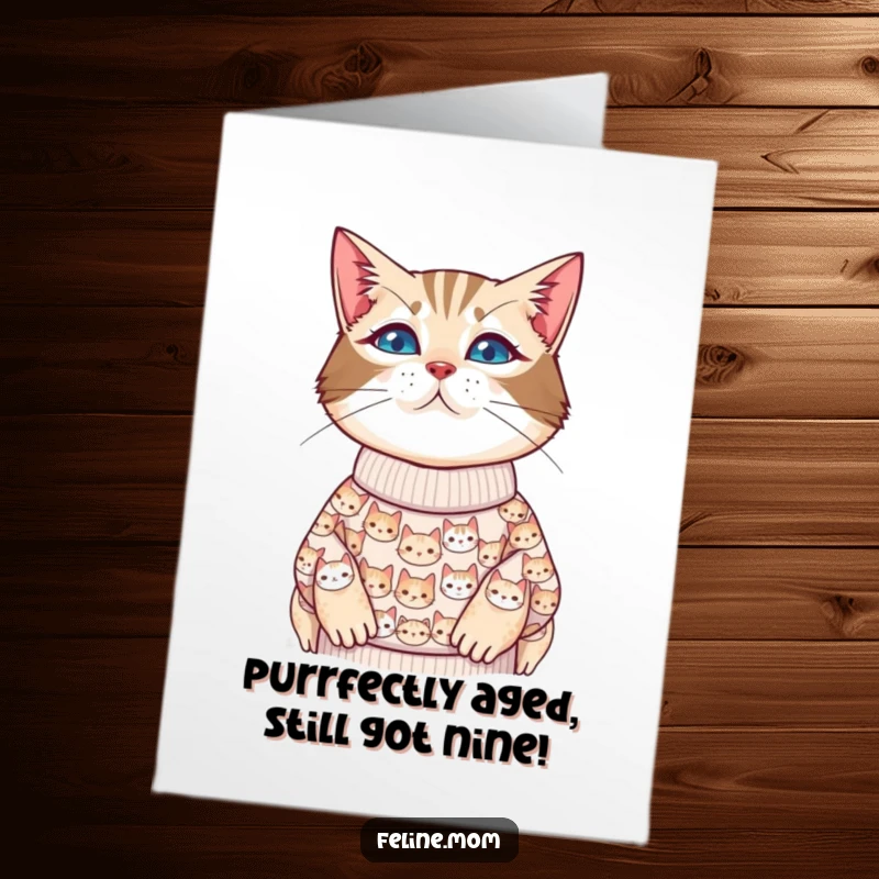 Funny Free Printable Birthday Card featuring a cat lady in a sweater adorned with numerous tiny cat faces, a must-have for cat moms.