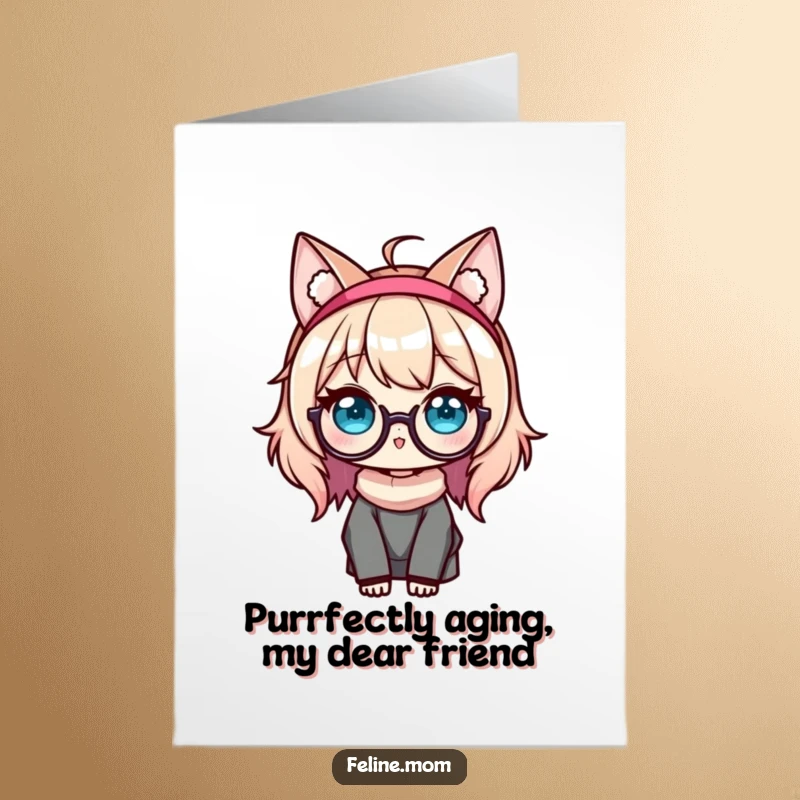 Funny free printable birthday card featuring a Kawaii cat lady with ear headband and glasses, looking smart and sassy.