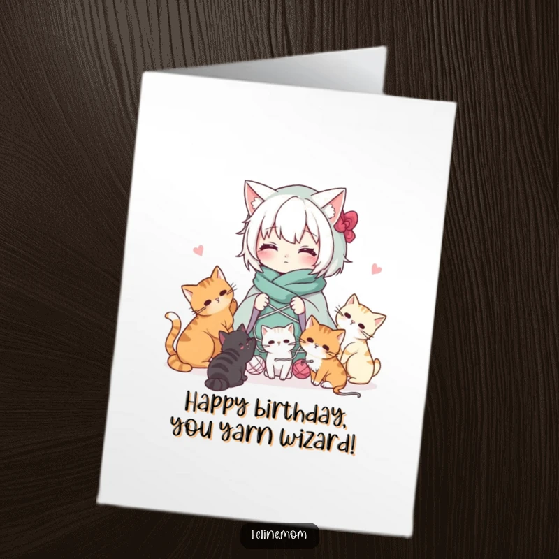 Funny Free Printable Birthday Card: Kawaii cat lady draped in yarn with playful cats, birthday chaos.