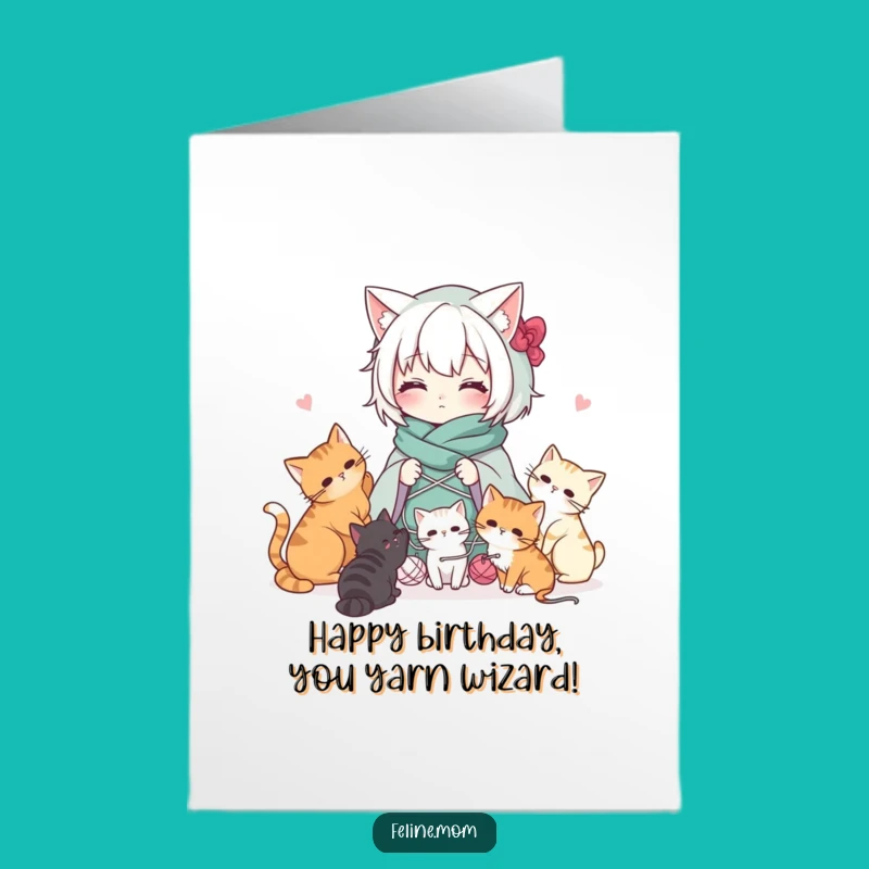 Free Printable Kawaii Cat Lady Birthday Card: Funny Yarn-tastic Downloadable Gift