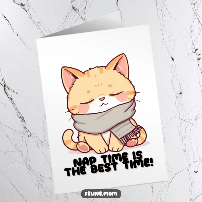 Funny Free Printable Birthday Card: Content cat in a scarf napping peacefully, conveying cozy and humorous birthday wishes.