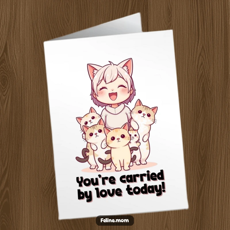 Funny Free Printable Birthday Card: A delighted cat lady is being carried aloft by a team of helpful, adoring cats.