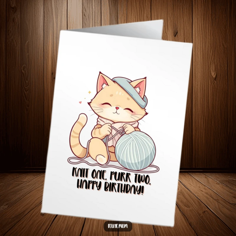 Funny Free Printable Birthday Card: A happy cat lady is engrossed in knitting a seemingly endless ball of yarn.