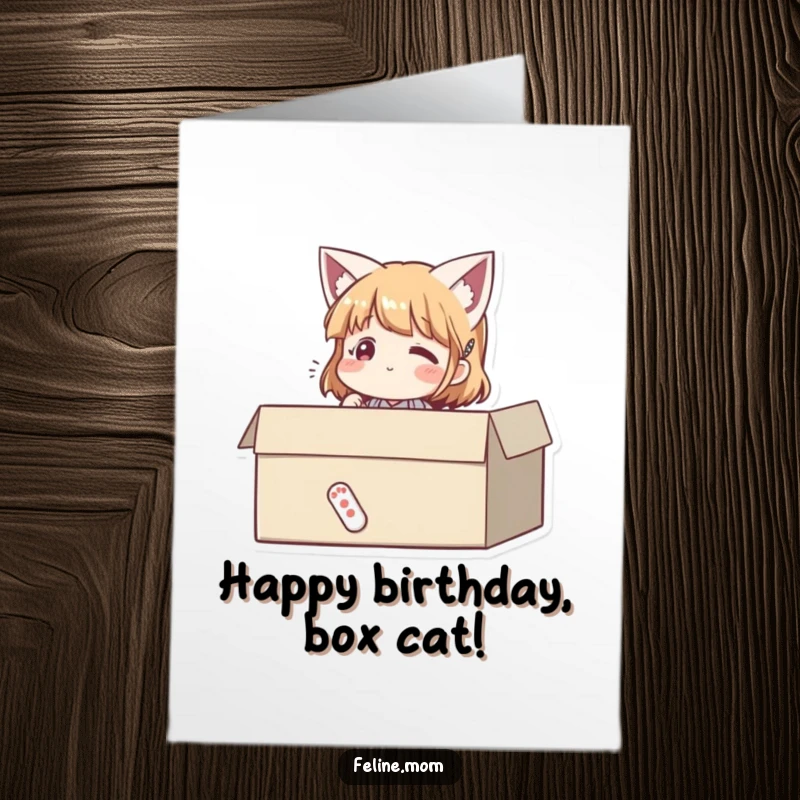 Funny free printable birthday card: woman contentedly sitting in a cardboard box, looking blissfully happy and purring.