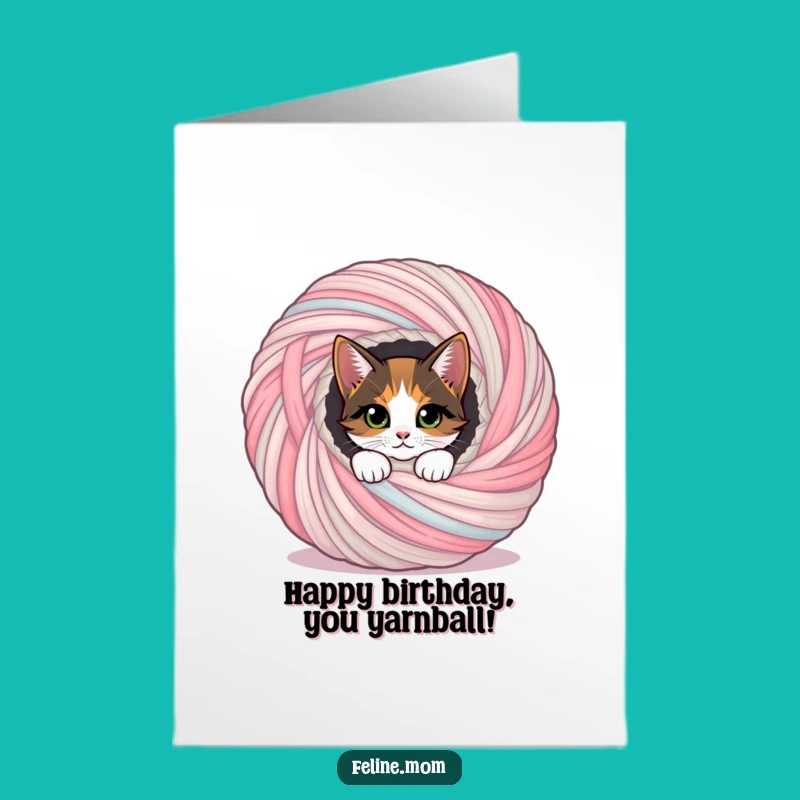Free Printable Birthday Card: Calico Cat Yarn Ball Peek Downloadable Gift