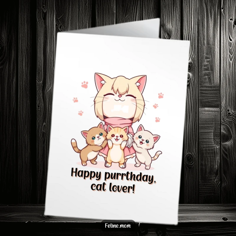 Funny Free Printable Birthday Card: Kawaii cat lady juggling three playful kittens, a heartwarming birthday scene.