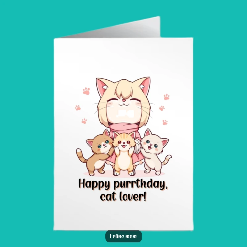 Free Printable Kawaii Cat Lady Birthday Card: Juggling Fun Downloadable Gift