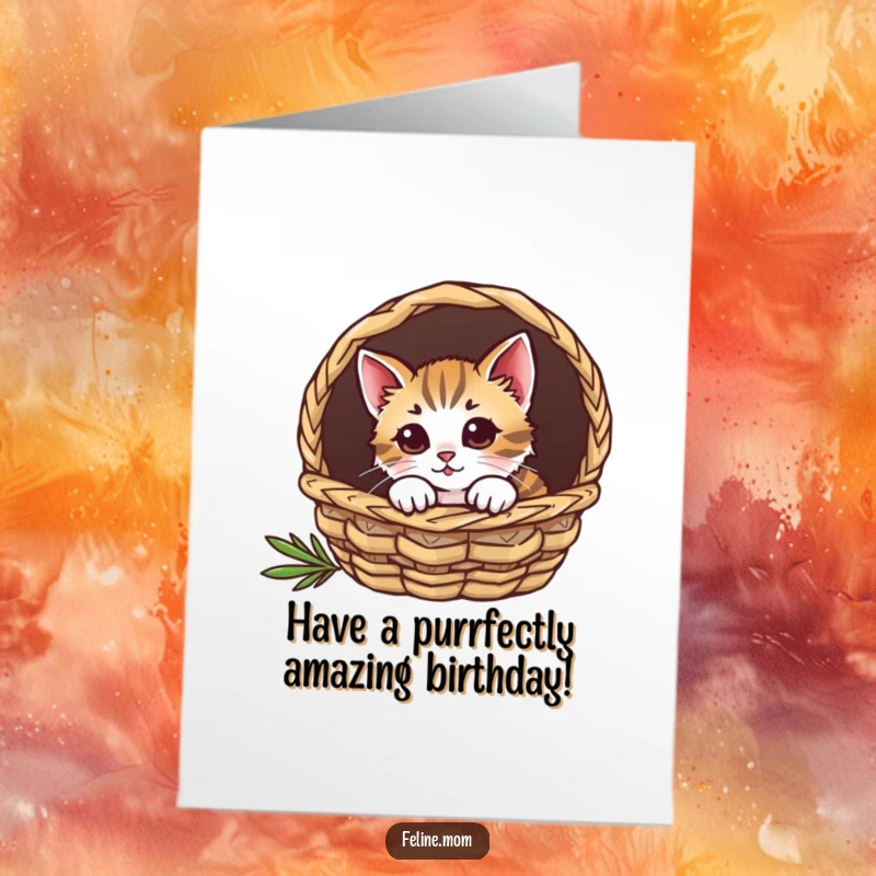Funny free printable birthday card: A curious cat with wide eyes peeks out from a cozy woven basket.
