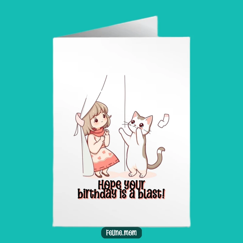 Free Printable Birthday Card: Chaotic Cat Lady & Curtain Climber, Funny Downloadable Gift