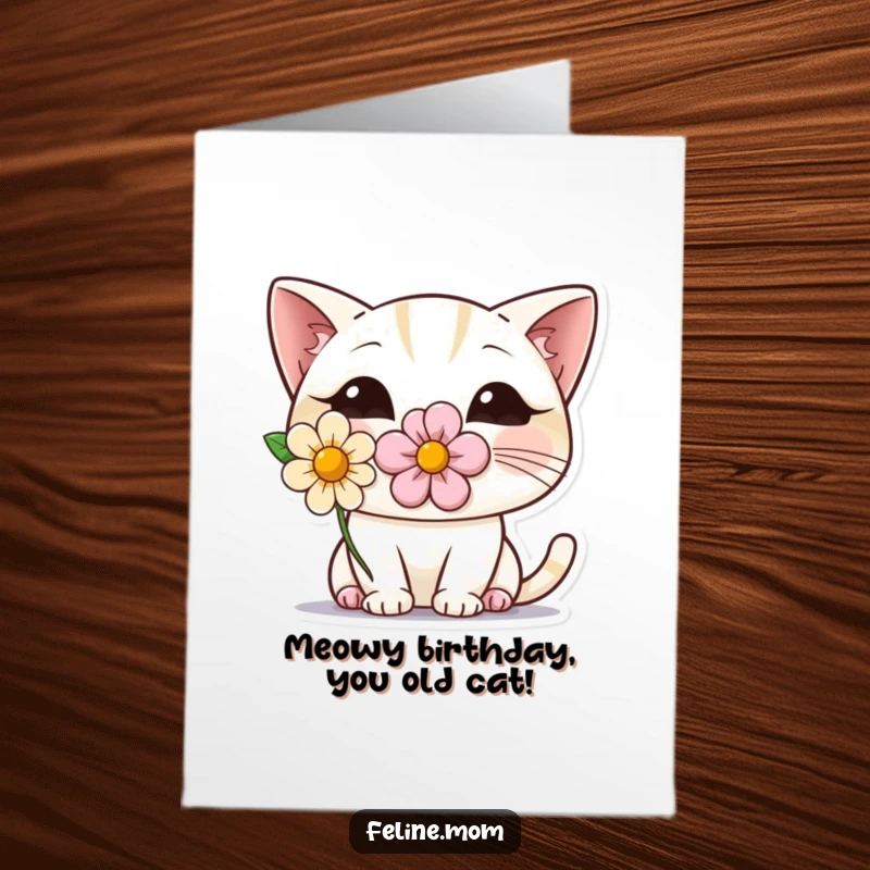 Funny Free Printable Birthday Card: Shy cat with flower peeking, adorable and humorous, perfect for cat lovers.