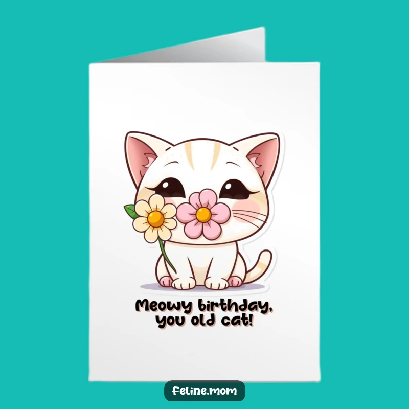 Free Printable Shy Cat Birthday Card: Funny Cat Flower Downloadable Gift