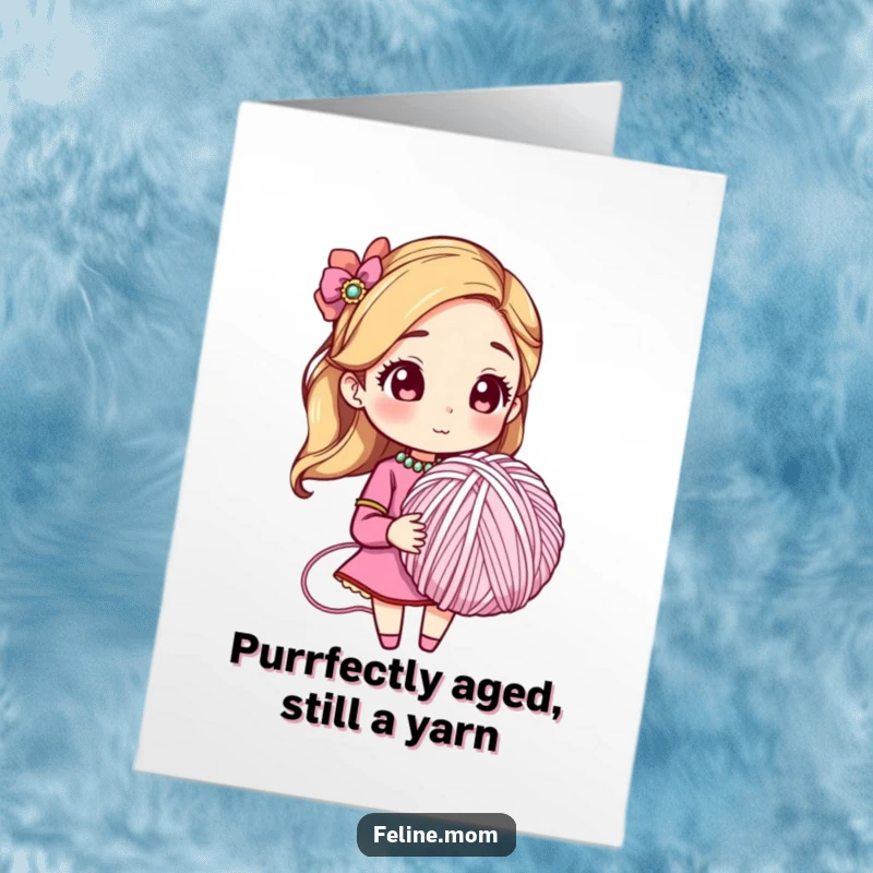 Funny free printable birthday card: sophisticated woman in jeweled collar holding a giant yarn ball, ready for feline fun.