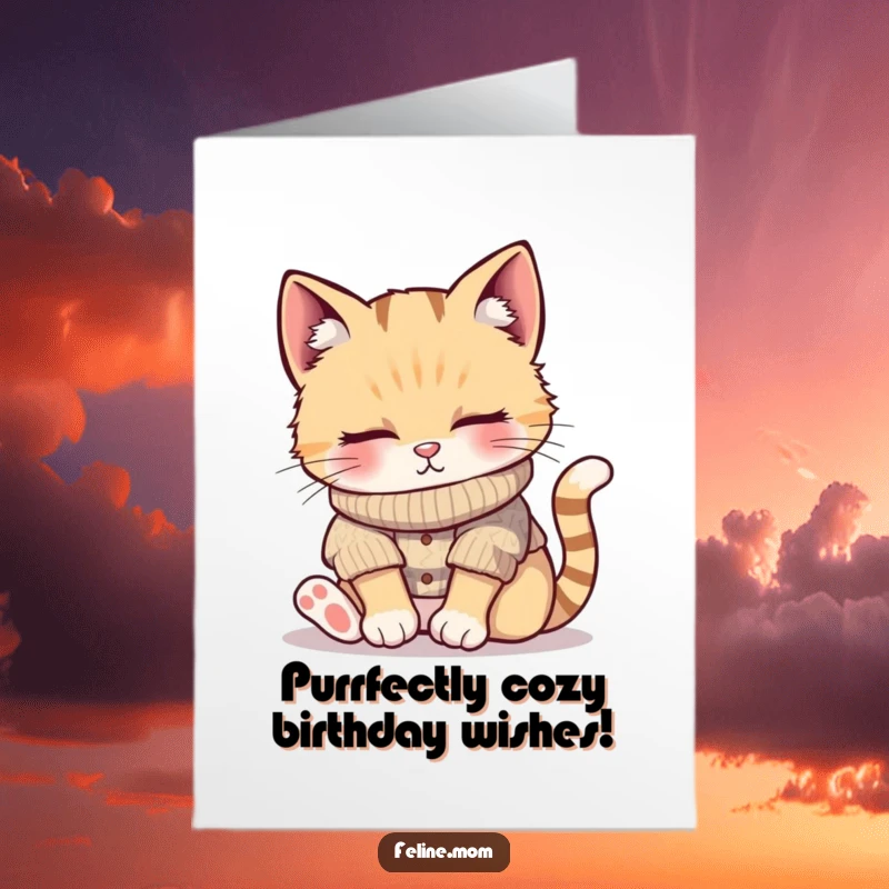Funny Free Printable Birthday Card: A content cat wearing a knitted sweater, peacefully napping in a warm sunbeam.
