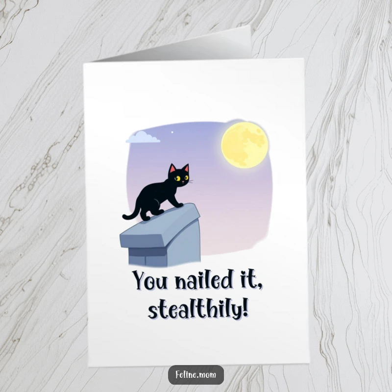 Funny Free Printable Black Cat Congratulations Card of a cat navigating a moonlit rooftop, celebrating a clandestine success.