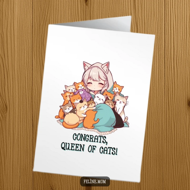 Funny Free Printable Congratulations Card: A cat lady is showered with affection, draped in a blanket and cuddled by numerous happy cats.