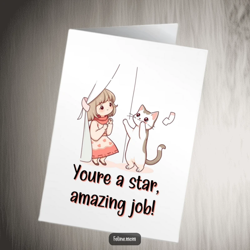 Funny Free Printable Congratulations Card: A cat lady attempting to pet a cat that is actively climbing a curtain.