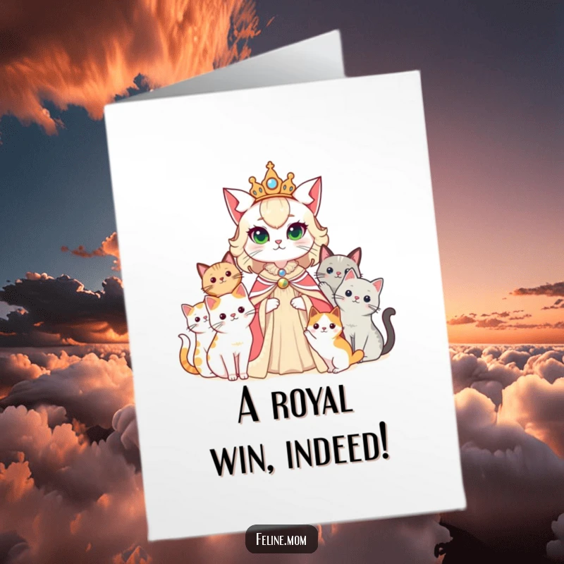 Funny Free Printable Congrats Card: A cat lady queen, commanding her feline court, celebrating a glorious win.