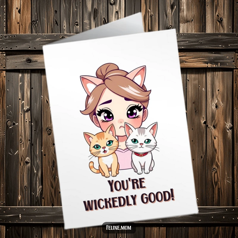Funny free printable congratulations card showing a woman with a knowing smirk alongside a mischievous cat.