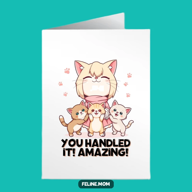 Free Printable Kawaii Cat Lady Congrats Card: Juggling Kittens Downloadable Gift
