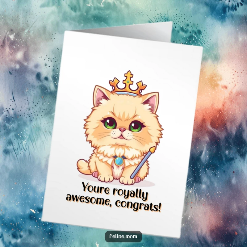 Funny Free Printable Congratulations Card: A regal Persian cat sits proudly wearing a miniature crown and holding a scepter, exuding sophisticated humor.