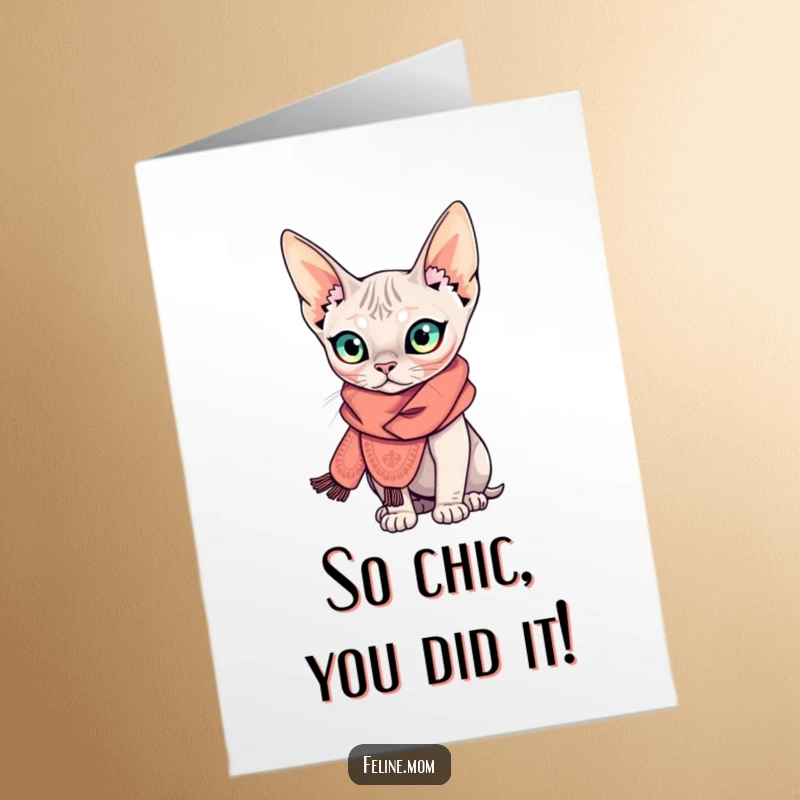 Funny Free Printable Sphynx Cat Congratulations Card showing a curious, scarf-wearing Sphynx cat celebrating a stylish victory.