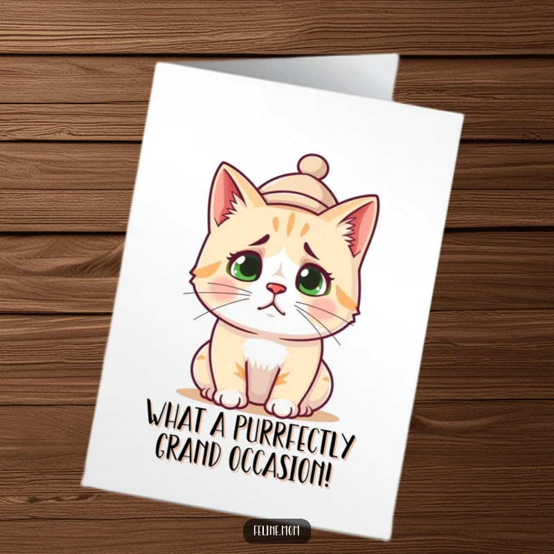 Funny Free Printable Congratulations Card: A cat sporting a small hat looks utterly perplexed, perfect for unexpected news.