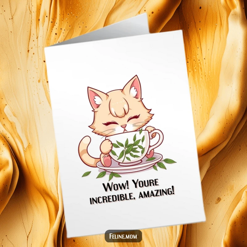 Funny Free Printable Congratulations Card: A cat lady attempting to enjoy a beverage from a teacup full of catnip.