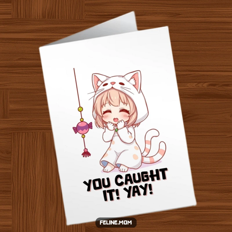 Funny free printable congratulations card: woman in cat costume playfully batting at a dangling toy, celebrating achievements with feline energy.
